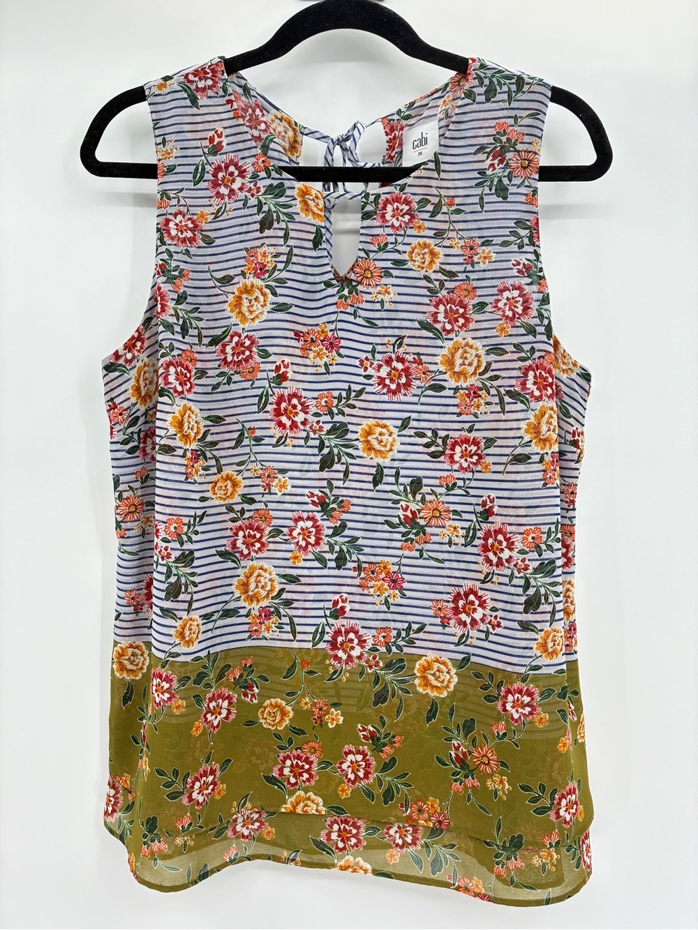 Cabi Women’s Penelope Chiffon Sleeveless Blouse Top Shirt Floral Stripe Medium
